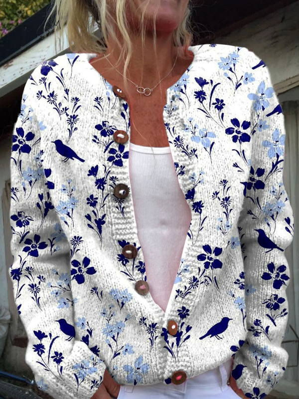 Amance | Cardigan à boutons avec imprimé vintage floral et d'oiseaux