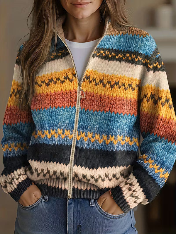 Beatrice | Cardigan en maille à rayures multicolores en zigzag
